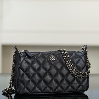 CHANEL カーフレザー 荔枝紋 ブラック×ゴールド ショルダーバッグ 21×12×5.5cm サイズ:21×12×5.5cm