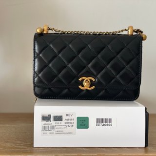 CHANEL 66059 カーフレザー ブラック×ゴールド チェーンバッグ 19.2×12.3×3.5cm サイズ:19.2×12.3×3.5cm