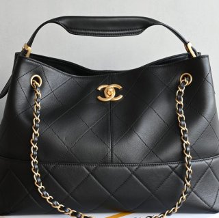 CHANEL カーフレザー ブラック×ホワイト×ゴールド トートバッグ ヴィンテージ 大容量 36×24×14cm サイズ:36×24×14cm