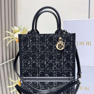 DIOR 7033 ストライプ、刺繍、レター ブラック ハンドバッグ、トートバッグ 小 21.0x14.0cm サイズ:21x14cm