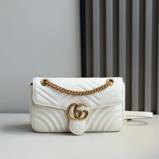 GUCCI 443497 カーフレザー ホワイト チェーンバッグ GG、マルモント 26x15cm サイズ:26x15cm