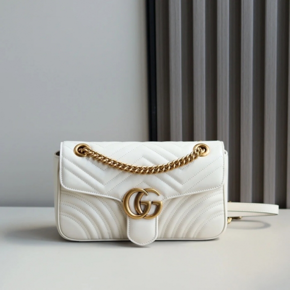 GUCCI 443497 カーフレザー ホワイト チェーンバッグ GG、マルモント 26x15cm サイズ:26x15cm GUCCI 443497 カーフレザー ホワイト チェーンバッグ GG、マルモント 26x15cm サイズ:26x15cm