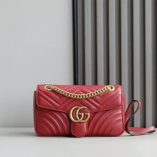 GUCCI 443497 カーフレザー レッド チェーンバッグ GG、マルモント 26x15cm サイズ:26x15cm