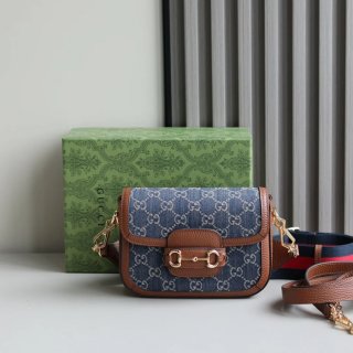 GUCCI 658574 レザー デニム 斜め掛けバッグ、ハンドバッグ GG、馬銜 20cm サイズ:20.5x14x5cm