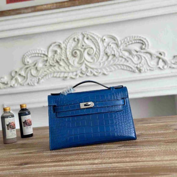HERMES ケリー 22cm カーフレザー ワニ紋 ショルダーバッグ セミハンドメイド 金具シルバー 22cm Kelly 22cm サイズ:22cm HERMES ケリー 22cm カーフレザー ワニ紋 ショルダーバッグ セミハンドメイド 金具シルバー 22cm Kelly 22cm サイズ:22cm