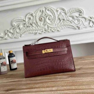 HERMES ケリー 22cm カーフレザー ワニ紋 ショルダーバッグ セミハンドメイド 金具ゴールド 22cm Kelly 22cm サイズ:22cm