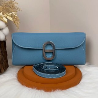 HERMES カーフスキン デニムブルー 斜め掛けバッグ セミハンドメイド 金具ゴールド/シルバー 10×2.5cm サイズ:24×10×2.5cm