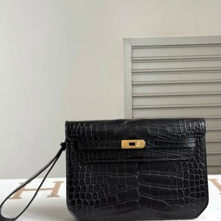 HERMES ケリー デペッシュ 25cm クラッチバッグ マットワニ腹皮 ブラック サイズ: