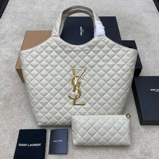 SAINT LAURENT 698651 ラムレザー ホワイト、ゴールド ハンドバッグ イカール 27x13cm サイズ:27x13cm