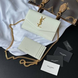 SAINT LAURENT 607788 カーフレザー ゴールド 封筒バッグ チェーン、封筒、ミニ、クラシック 19x12cm サイズ:19x12cm