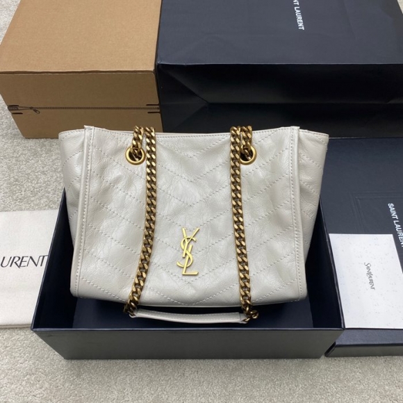 SAINT LAURENT 872680 カーフレザー ブラック、ホワイト、ゴールド ハンドバッグ チェーン、ニキ 25x22x10cm サイズ:25x22x10cm SAINT LAURENT 872680 カーフレザー ブラック、ホワイト、ゴールド ハンドバッグ チェーン、ニキ 25x22x10cm サイズ:25x22x10cm
