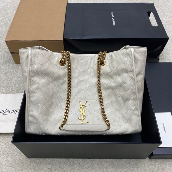 SAINT LAURENT 871151 カーフレザー ブラック、ホワイト、ゴールド ハンドバッグ チェーン、ニキ、大 33x27x14cm サイズ:33x27x14cm SAINT LAURENT 871151 カーフレザー ブラック、ホワイト、ゴールド ハンドバッグ チェーン、ニキ、大 33x27x14cm サイズ:33x27x14cm
