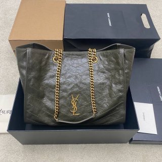 SAINT LAURENT 871151 カーフレザー ブラック、グリーン、ゴールド ハンドバッグ チェーン、ニキ、大 33x27x14cm サイズ:33x27x14cm