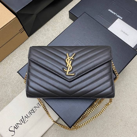 SAINT LAURENT 377828 ラムレザー グレー、ゴールド ハンドバッグ チェーン、クラシック 14x5cm サイズ:22.5x14x4cm SAINT LAURENT 377828 ラムレザー グレー、ゴールド ハンドバッグ チェーン、クラシック 14x5cm サイズ:22.5x14x4cm