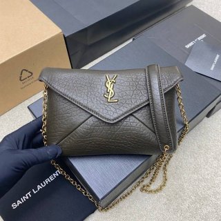 SAINT LAURENT 819271 ラムレザー、エレファント グリーン、ゴールド、エレファント 斜め掛けバッグ、チェーンバッグ、封筒バッグ チェーン、封筒、カリプソ、ミニ 19x12cm サイズ:19x12cm