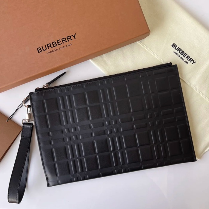 BURBERRY 大プレスチェックレザージップポーチ サイズ:30x20cm