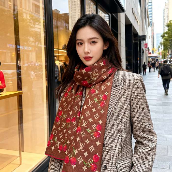 ルイ ヴィトン LV×TMモノグラムチェリー 両面シルクベロア同色スカーフ 60x180cm