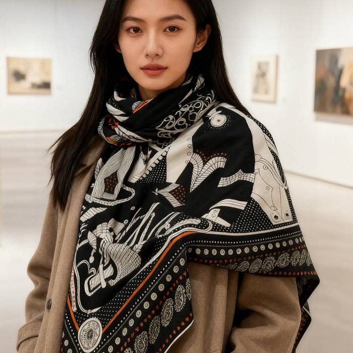 エルメス カシミヤ新作。両面同色。立体パターン。70%カシミヤ30%シルク 140cmx140cm