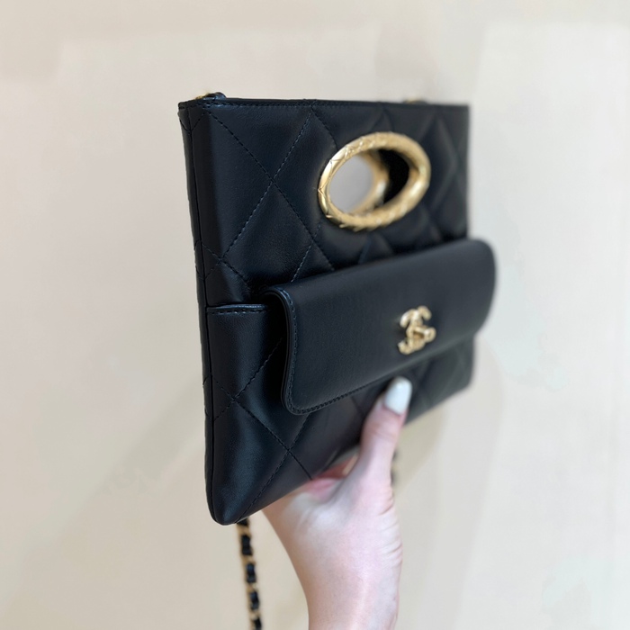 CHANEL ラムレザー グレンチェック ブラック×ゴールド 秋冬 25×19×3cm サイズ:25×19×3cm