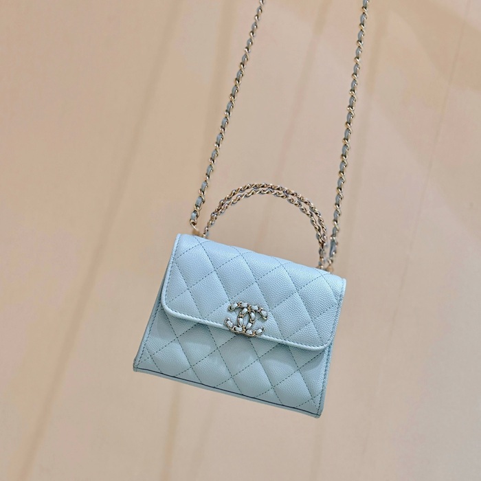 CHANEL カーフレザー 荔枝紋 ピンク×ブルー クラシック 14.5×11.5×5.5cm サイズ:14.5×11.5×5.5cm