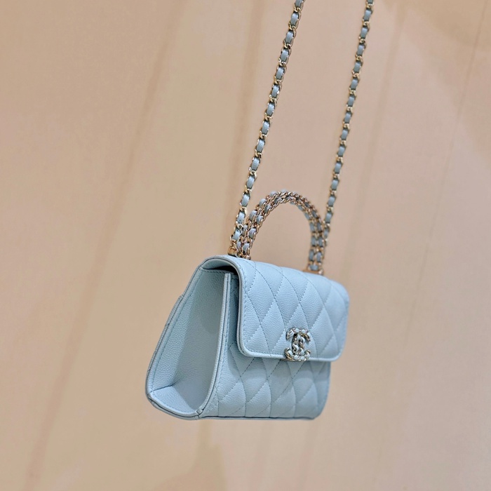 CHANEL カーフレザー 荔枝紋 ピンク×ブルー クラシック 14.5×11.5×5.5cm サイズ:14.5×11.5×5.5cm