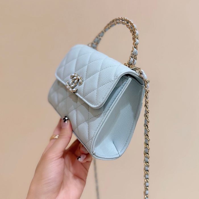 CHANEL カーフレザー 荔枝紋 ピンク×ブルー クラシック 14.5×11.5×5.5cm サイズ:14.5×11.5×5.5cm