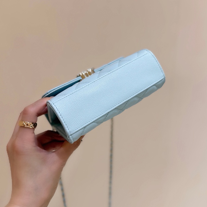 CHANEL カーフレザー 荔枝紋 ピンク×ブルー クラシック 14.5×11.5×5.5cm サイズ:14.5×11.5×5.5cm