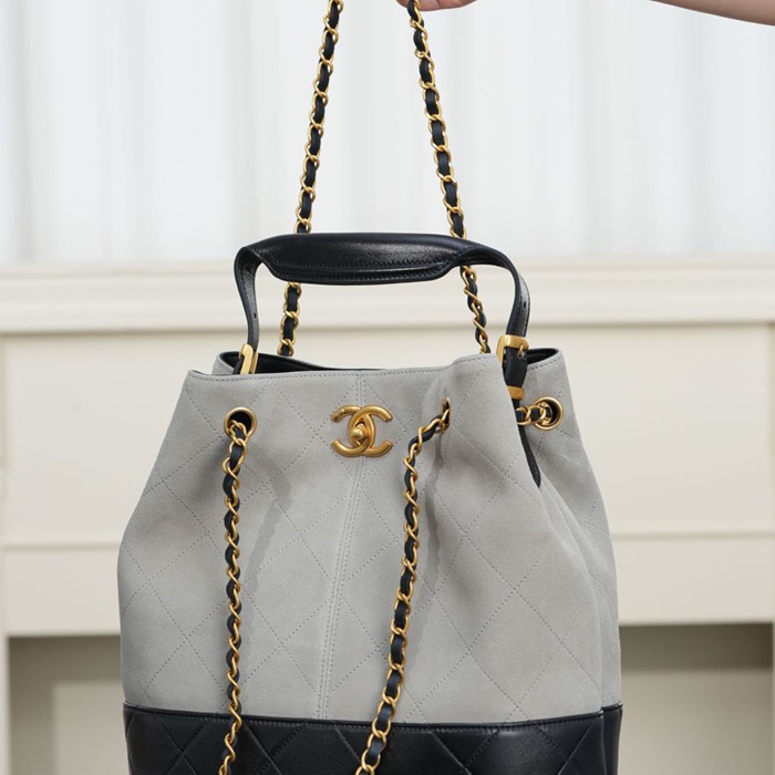 CHANEL 菱格紋 グレー×ゴールド ショルダーバッグ クラシック ヴィンテージ 30×26×11cm サイズ:30×26×11cm