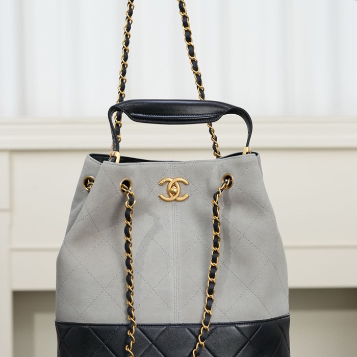 CHANEL 菱格紋 グレー×ゴールド ショルダーバッグ クラシック ヴィンテージ 30×26×11cm サイズ:30×26×11cm