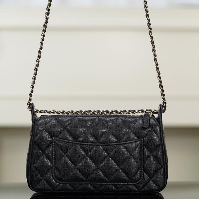 CHANEL カーフレザー 荔枝紋 ブラック×ゴールド ショルダーバッグ 21×12×5.5cm サイズ:21×12×5.5cm