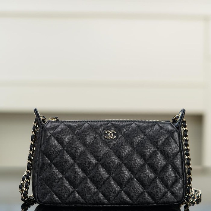 CHANEL カーフレザー 荔枝紋 ブラック×ゴールド ショルダーバッグ 21×12×5.5cm サイズ:21×12×5.5cm