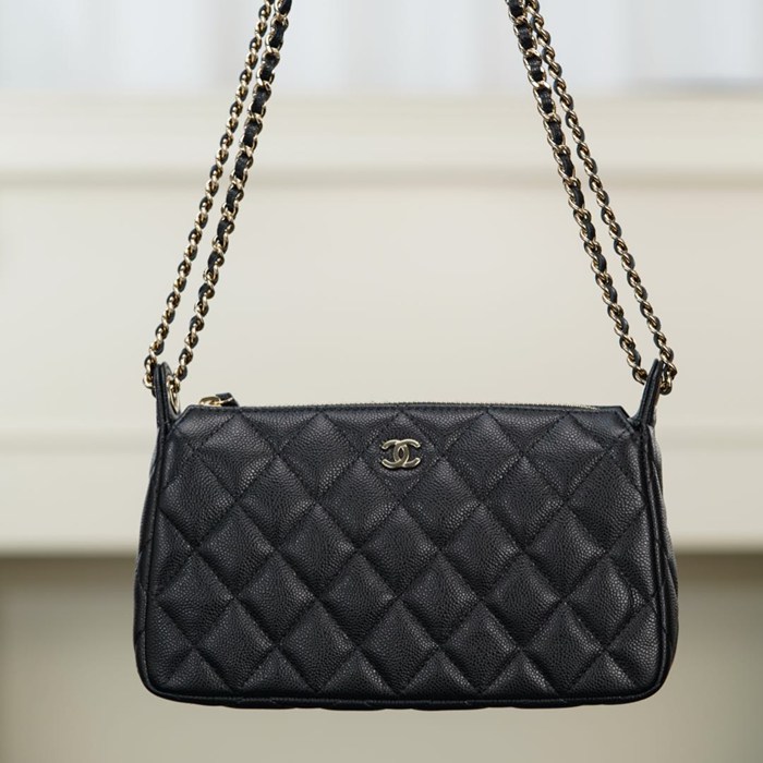 CHANEL カーフレザー 荔枝紋 ブラック×ゴールド ショルダーバッグ 21×12×5.5cm サイズ:21×12×5.5cm