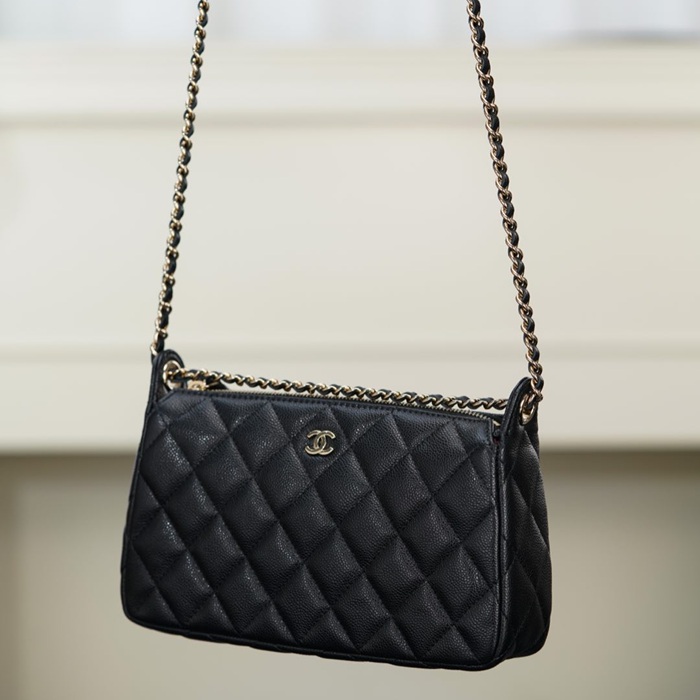 CHANEL カーフレザー 荔枝紋 ブラック×ゴールド ショルダーバッグ 21×12×5.5cm サイズ:21×12×5.5cm