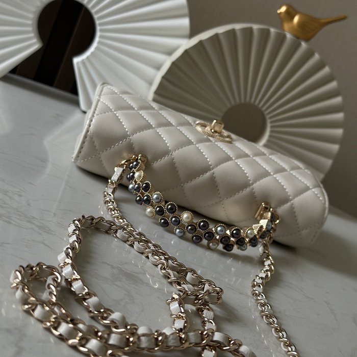 CHANEL 66048 ラムレザー ブラック×ホワイト ハンドバッグ クラシック 19.2×12.3×3.5cm サイズ:19.2×12.3×3.5cm