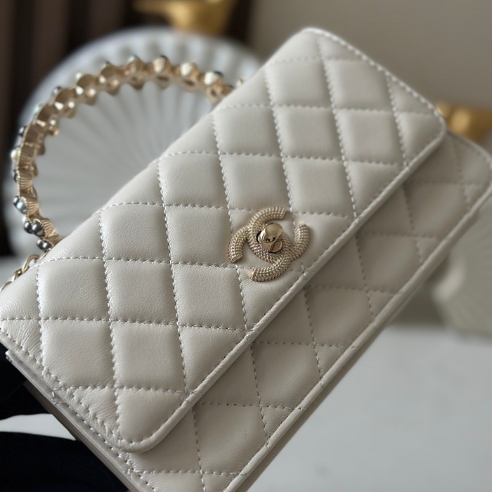 CHANEL 66048 ラムレザー ブラック×ホワイト ハンドバッグ クラシック 19.2×12.3×3.5cm サイズ:19.2×12.3×3.5cm