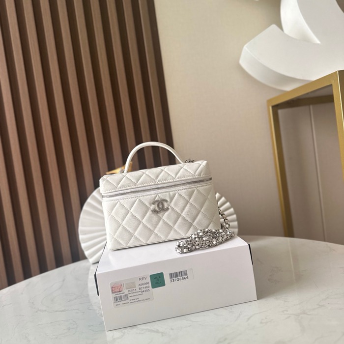 CHANEL 66066 カーフレザー 荔枝紋 ブラック×ホワイト×ゴールド 弁当箱バッグ クラシック 19×14×5cm サイズ:19×14×5cm