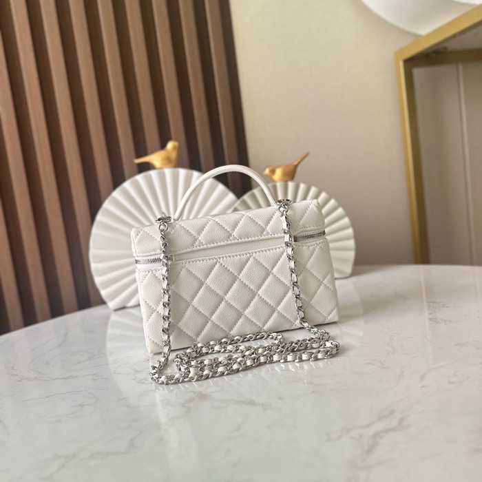 CHANEL 66066 カーフレザー 荔枝紋 ブラック×ホワイト×ゴールド 弁当箱バッグ クラシック 19×14×5cm サイズ:19×14×5cm