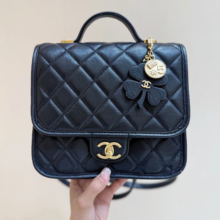 CHANEL カーフレザー 荔枝紋 ブラック×ゴールド ハンドバッグ クラシック 秋冬 22×19.5×7cm サイズ:22×19.5×7cm