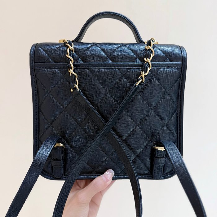 CHANEL カーフレザー 荔枝紋 ブラック×ゴールド ハンドバッグ クラシック 秋冬 22×19.5×7cm サイズ:22×19.5×7cm