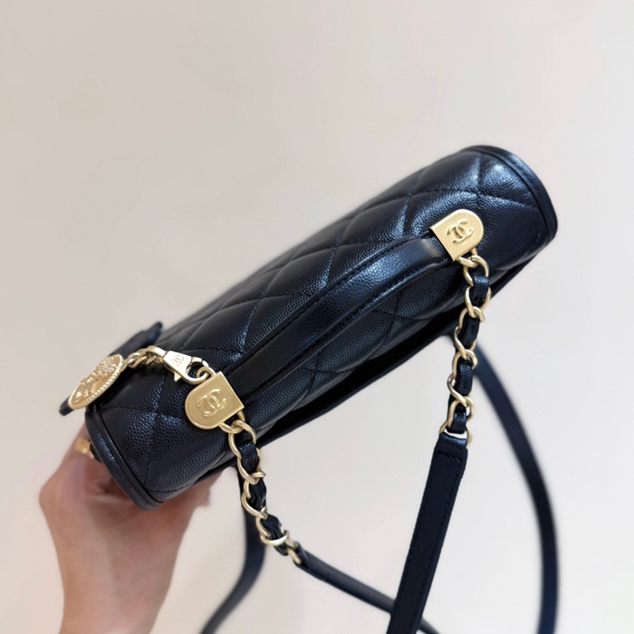 CHANEL カーフレザー 荔枝紋 ブラック×ゴールド ハンドバッグ クラシック 秋冬 22×19.5×7cm サイズ:22×19.5×7cm