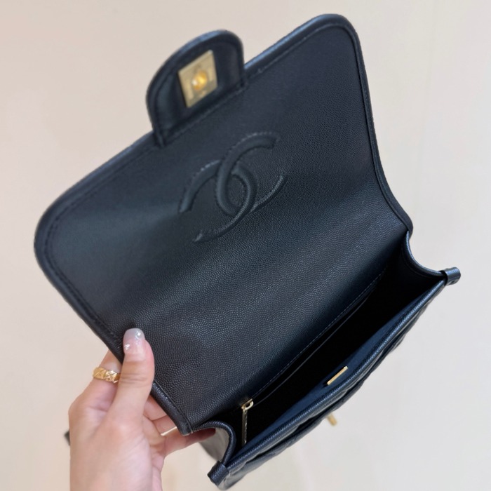 CHANEL カーフレザー 荔枝紋 ブラック×ゴールド ハンドバッグ クラシック 秋冬 22×19.5×7cm サイズ:22×19.5×7cm