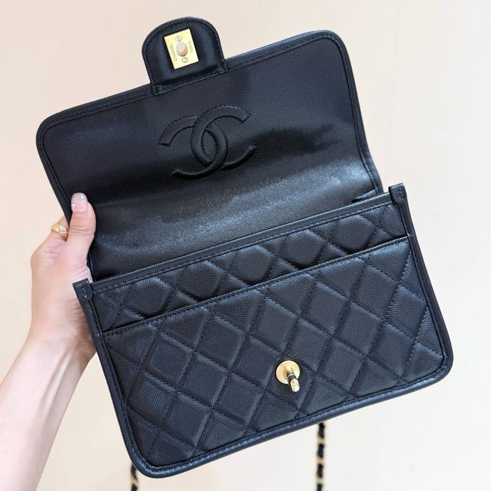 CHANEL カーフレザー 荔枝紋 ブラック×ゴールド 斜め掛けバッグ クラシック 秋冬 25×16.5×8.5cm サイズ:25×16.5×8.5cm