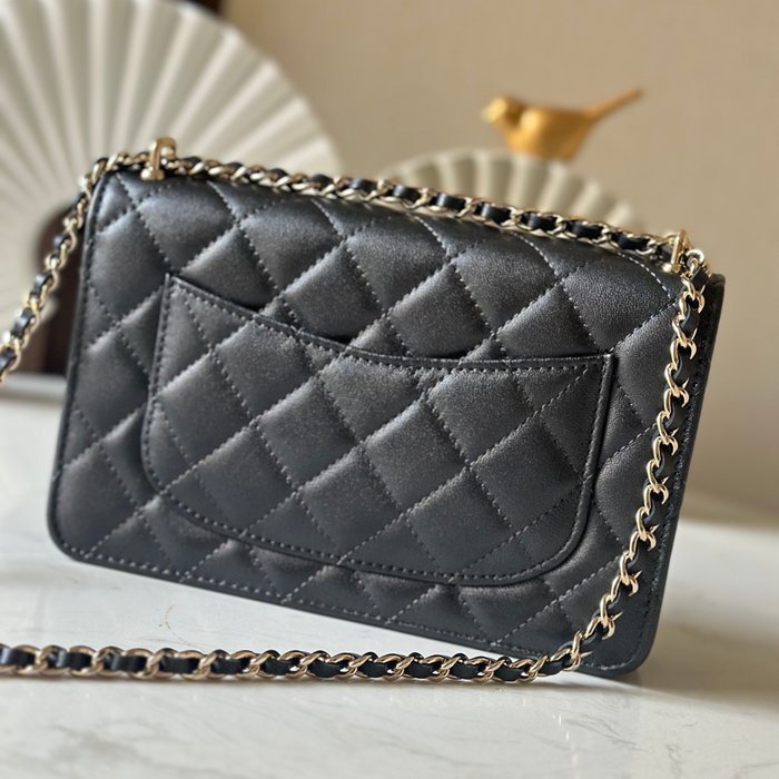 CHANEL 66051 ラムレザー 菱格紋 ブラック×ピンク×ゴールド チェーンバッグ クラシック 通勤 19.5×13×3.5cm サイズ:19.5×13×3.5cm