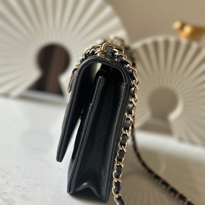CHANEL 66051 ラムレザー 菱格紋 ブラック×ピンク×ゴールド チェーンバッグ クラシック 通勤 19.5×13×3.5cm サイズ:19.5×13×3.5cm