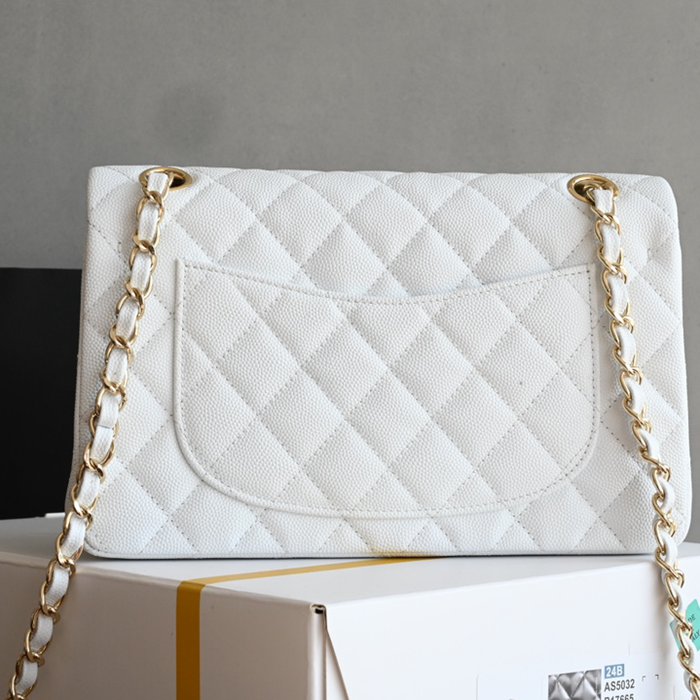 CHANEL 1117 ホワイト×ゴールド クラシック 小 23×14.5×6cm サイズ:23×14.5×6cm