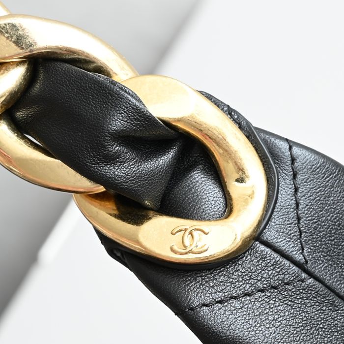 CHANEL カーフレザー ブラック×ホワイト×ゴールド 脇下バッグ ヴィンテージ 28×24×8cm サイズ:28×24×8cm