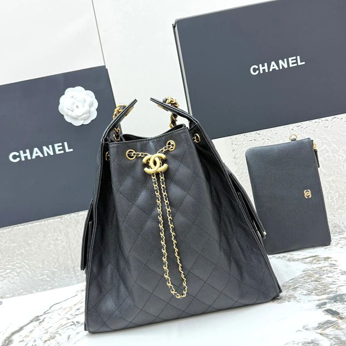 CHANEL AS5311 カーフレザー 菱格紋 ブラック×ゴールド ショルダーバッグ クラシック ヴィンテージ 40×30×15cm サイズ:40×30×15cm