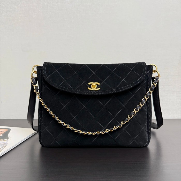 CHANEL 99546 スエード 菱格紋 ブラック×ゴールド 斜め掛けバッグ クラシック ヴィンテージ 30×21.5×6cm サイズ:30×21.5×6cm