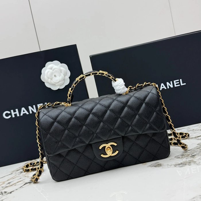 CHANEL AS5702 ラムレザー 菱格紋 ブラック×ゴールド 斜め掛けバッグ クラシック ヴィンテージ 22.5×13.5×6cm サイズ:22.5×13.5×6cm