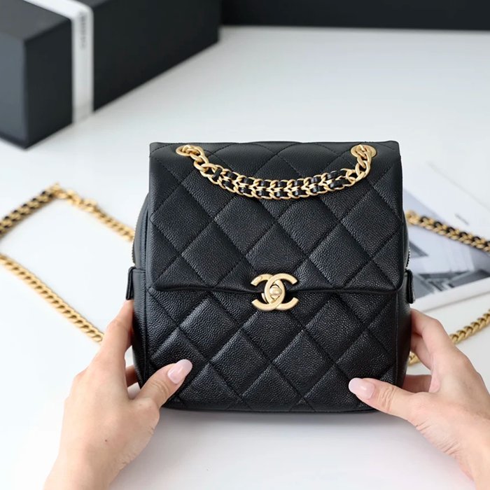 CHANEL AS3108 荔枝紋 ブラック×ホワイト×ゴールド 斜め掛けバッグ 春夏 20×19×8cm サイズ:20×19×8cm